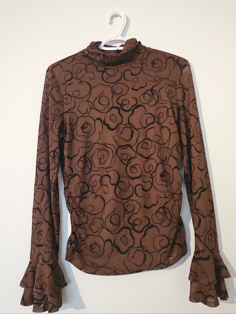 Brown & Black Floral Mesh Ruffle Top